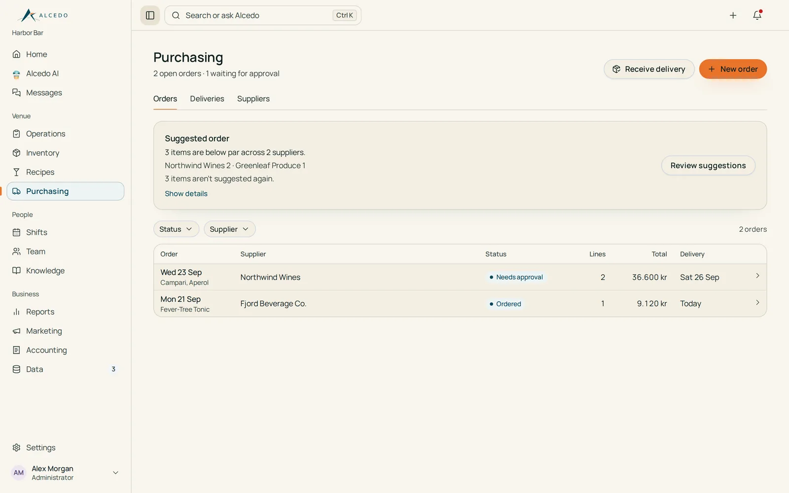 Purchasing view with a suggested order and two sample orders, one waiting for approval.