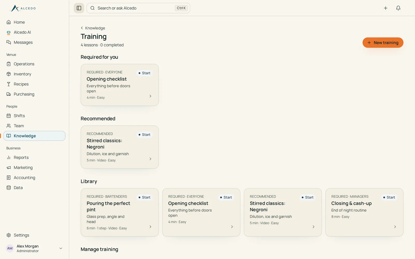 Training library with four sample lessons.